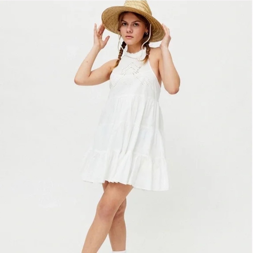 UO Head In The Clouds Crochet Neck Tiered Halter Mini Dress